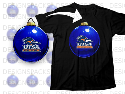 Blue UTSA Roadrunners ornament design on black t-shirt.