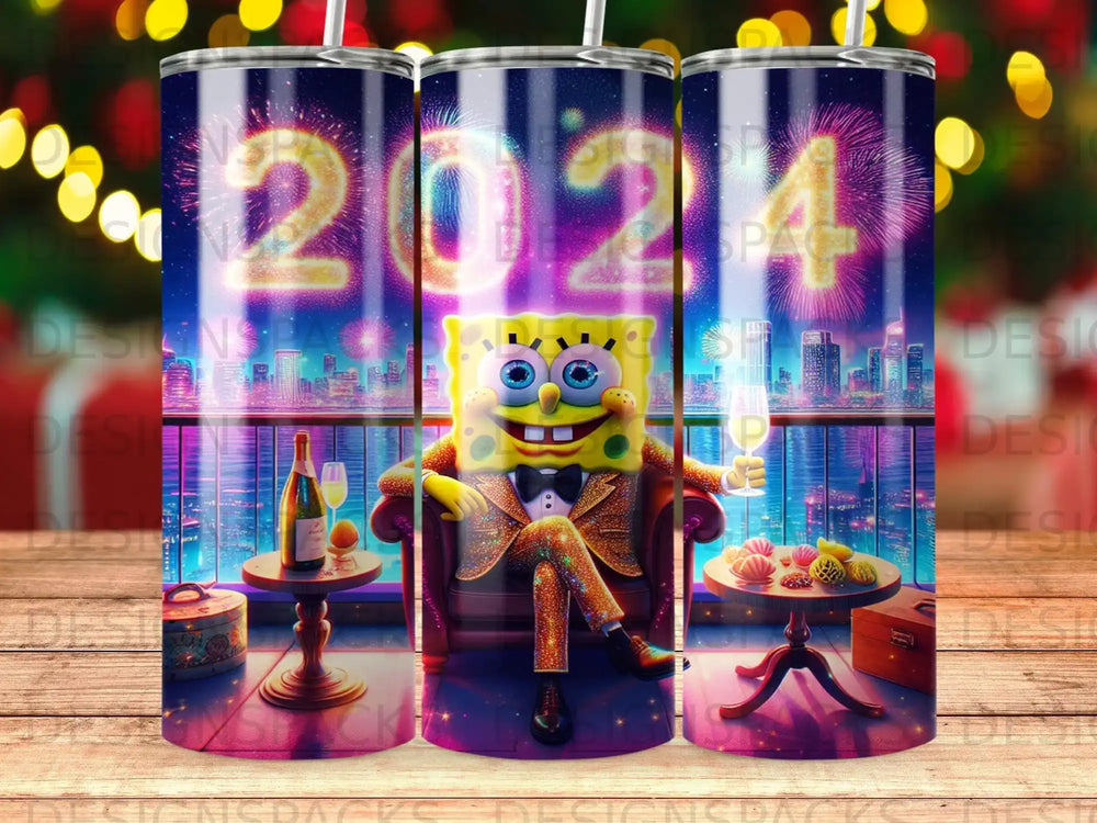 SpongeBob SquarePants in a tuxedo celebrating New Year's Eve 2024.