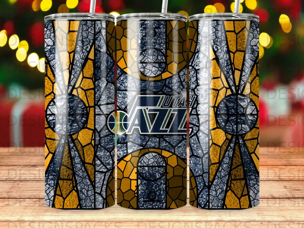 Utah Jazz stained glass tumbler with team logo.