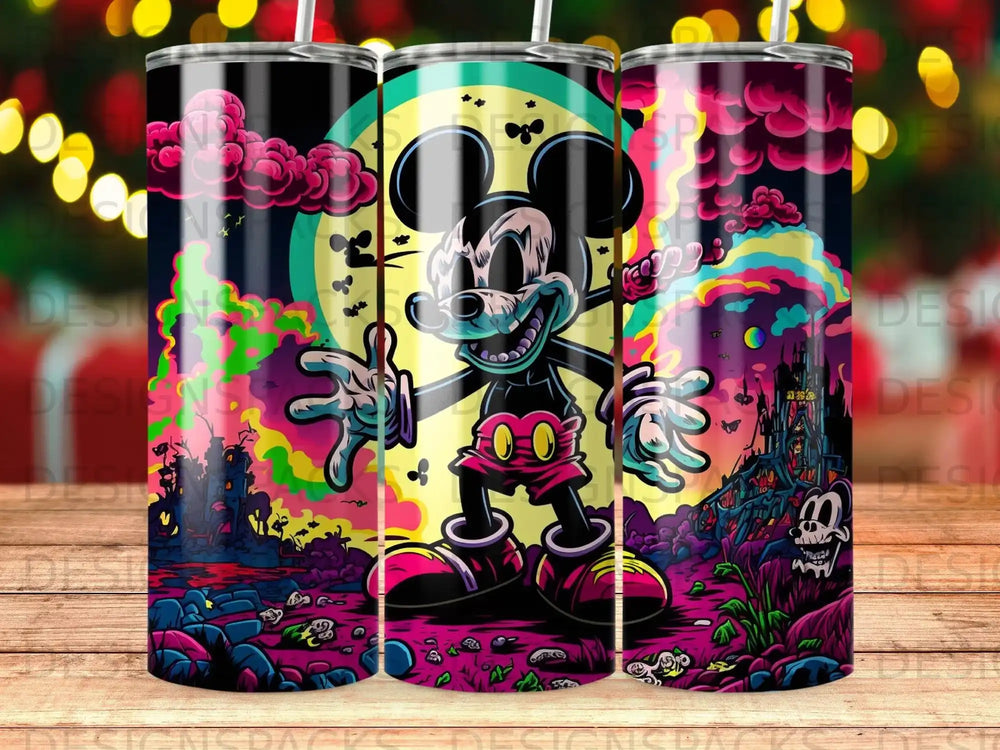 Mickey Mouse in spooky, cartoonish castle scene, full moon, vibrant colors.