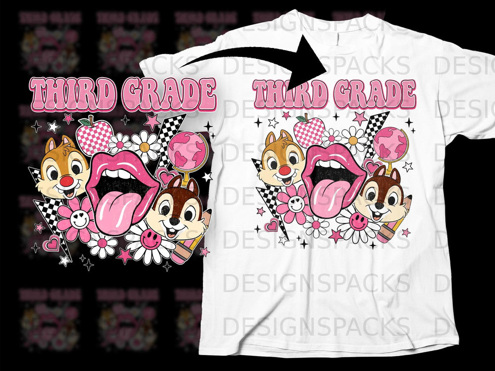 Third Grade graphic with Chipmunk characters, lips, flowers, and a checkered flag.