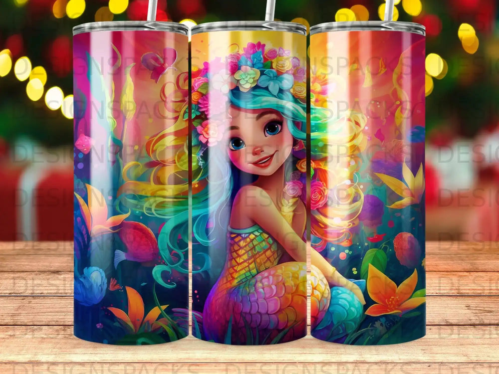 Mermaid with colorful hair and floral headdress sits amongst vibrant underwater flora.