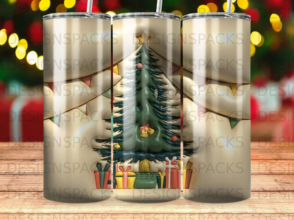 Christmas tree with presents and garland, on a tumbler with bokeh background.