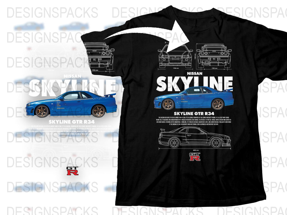 Nissan Skyline GTR R34 Graphic T-Shirt, Blue Car Print, Auto Enthusiast Apparel, Men's Fashion Tee, Car Lover Gift