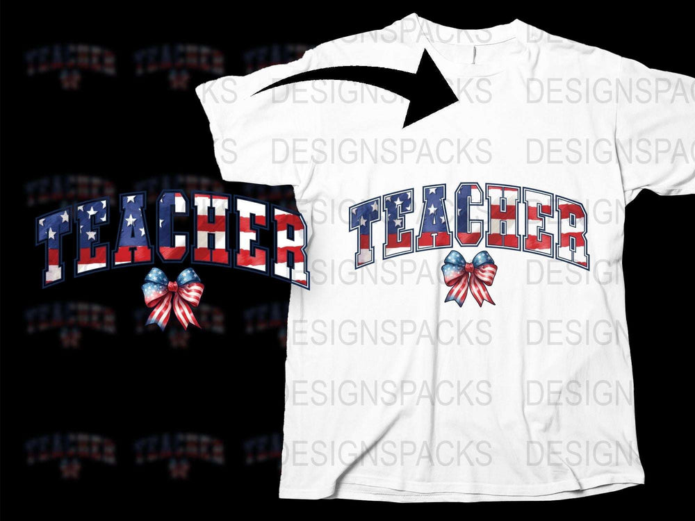 Teacher T-Shirt Patriotic Design American Flag Bow School Apparel Educator Gift