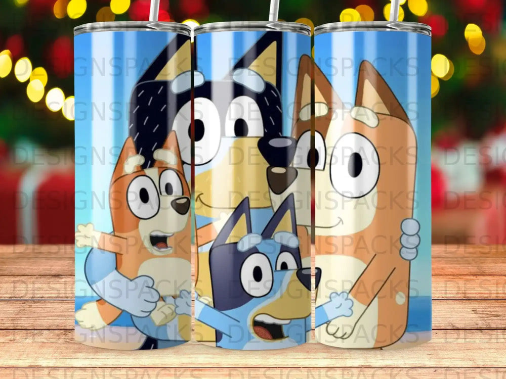 Bluey and Bingo characters on a patterned tumbler with "BIG STACKS" text.