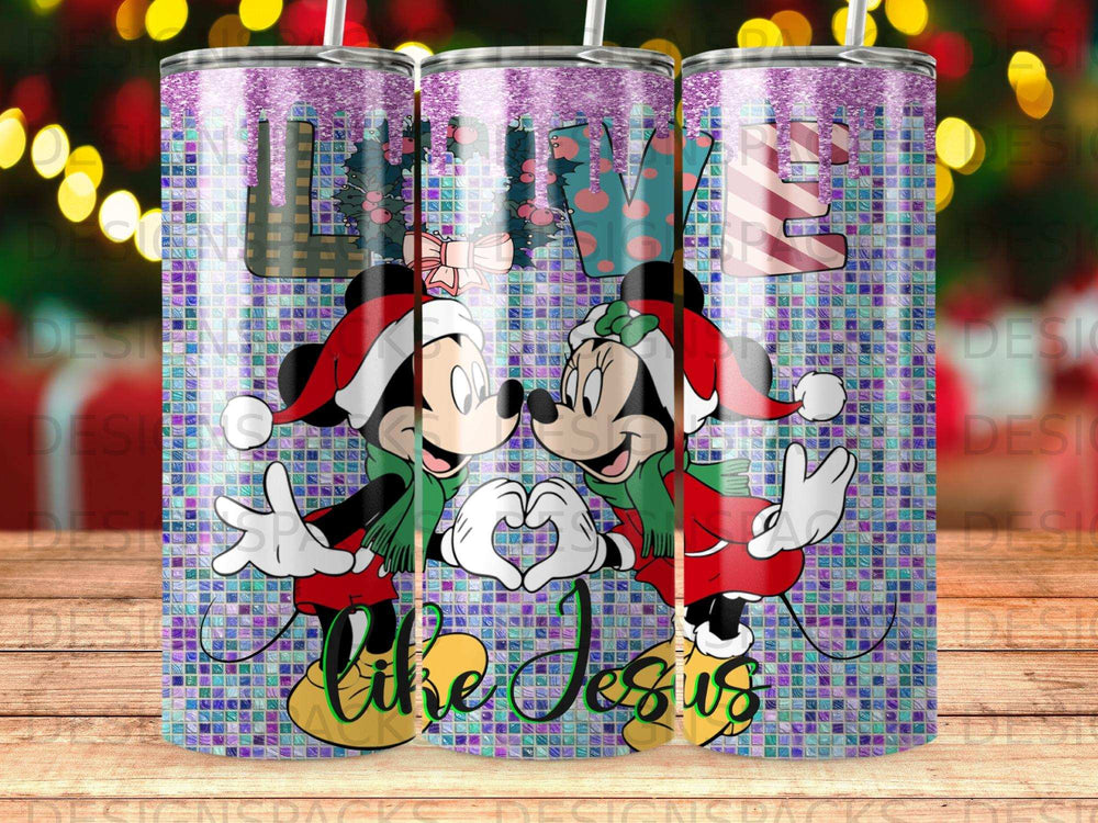 Mickey and Minnie Mouse in Santa hats form heart with hands, "Love Like Jesus" text.