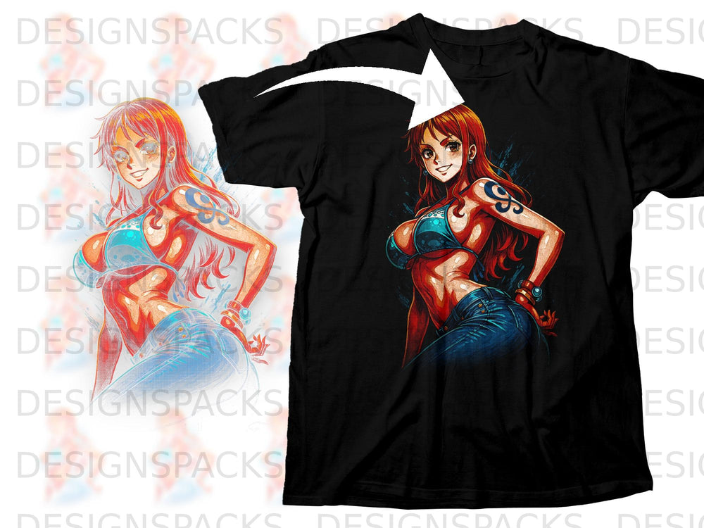 Anime girl with red hair and blue top on black t-shirt design.