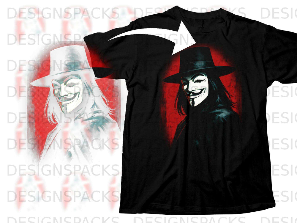 Black t-shirt featuring a V for Vendetta mask graphic with a red background.
