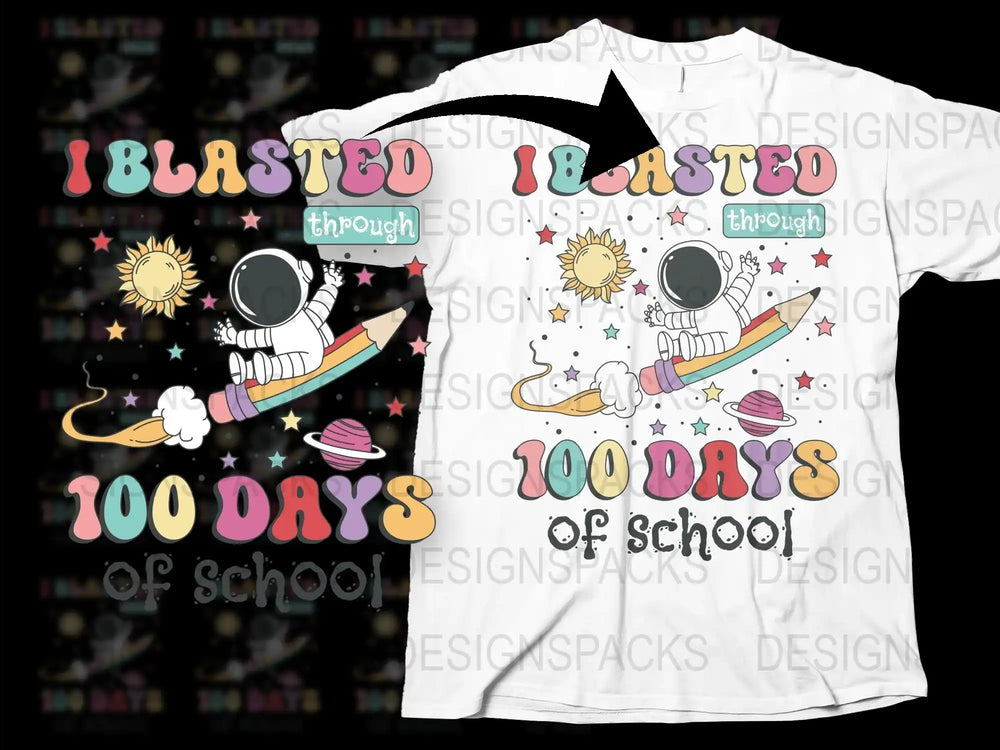 Kids Space Themed T-Shirt, 'I Blasted 100 Days of School', Astronaut and Planets Design, Colorful School Celebration Tee