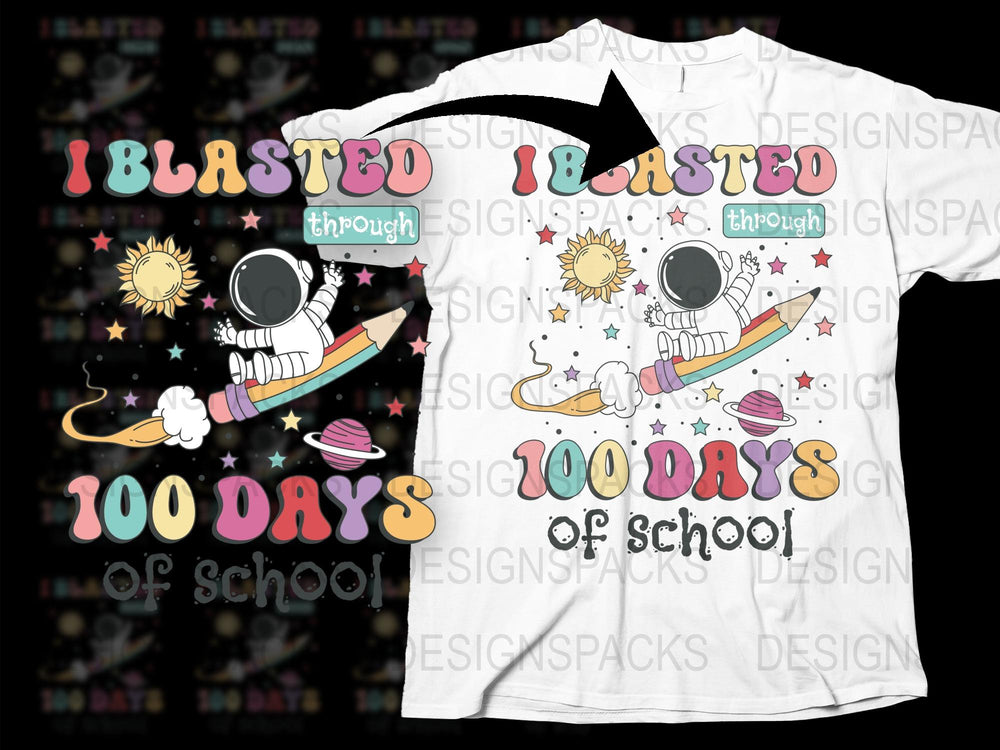 Kids Space Themed T-Shirt, 'I Blasted 100 Days of School', Astronaut and Planets Design, Colorful School Celebration Tee
