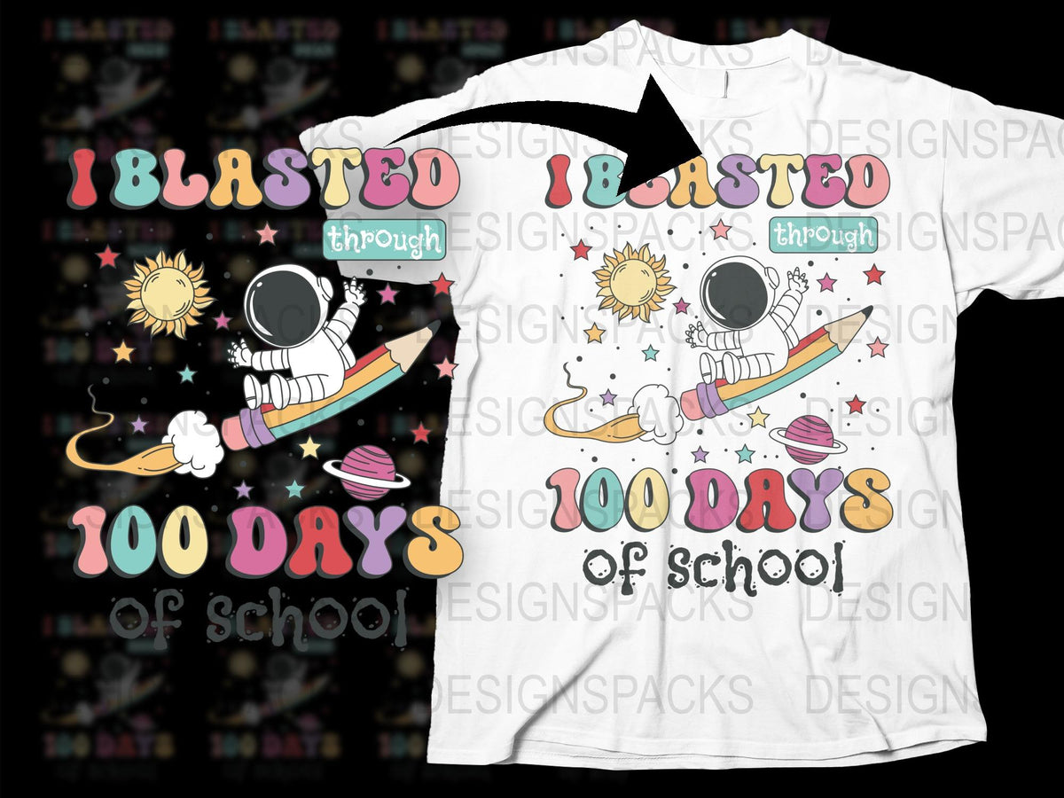 Kids Space Themed T-Shirt, 'I Blasted 100 Days of School', Astronaut and Planets Design, Colorful School Celebration Tee