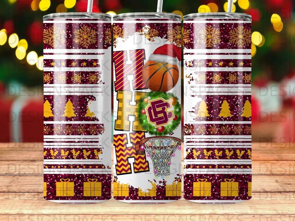 Christmas themed tumbler with basketball, presents, and snowflakes.