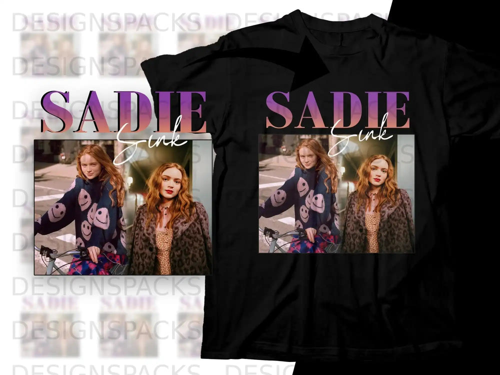 Sadie Sink t-shirt with smiley face pattern and leopard print collar.