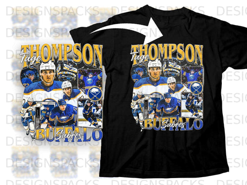 Tage Thompson Buffalo Sabres collage on black t-shirt.