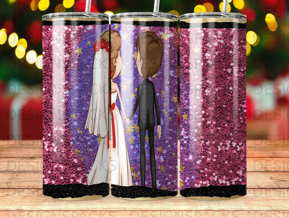 Bride and groom in wedding attire holding hands against a sparkling pink background.