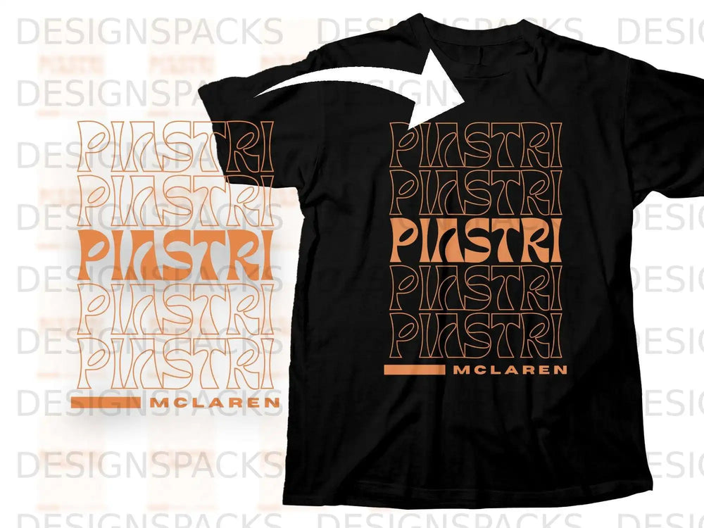 Black t-shirt with repeating "PIASTRI" text and "MCLAREN" logo.