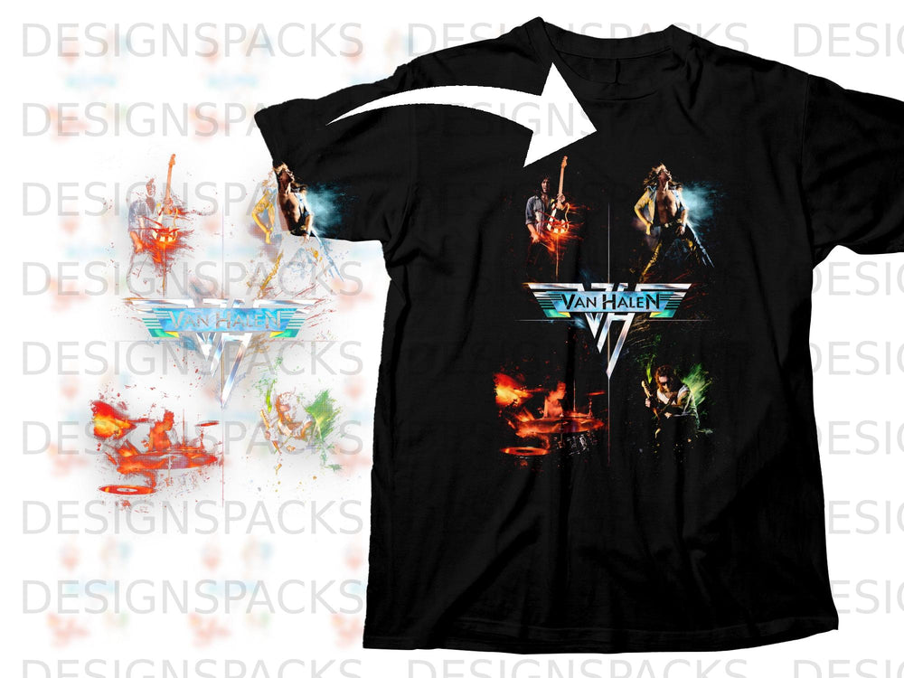Black t-shirt with Van Halen logo and four distressed band member graphics.