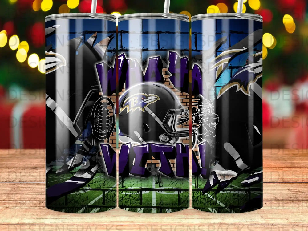 Baltimore Ravens helmet and team logo on a football field design.