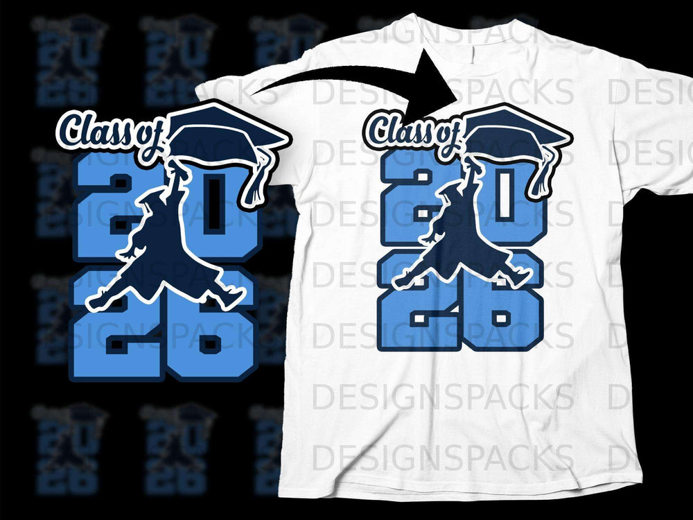 Light blue graduation design showing "Class of 2026" with cap and gown silhouette.