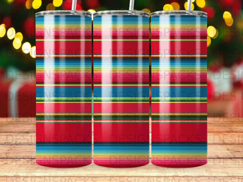 Tumbler with horizontal stripes in red, green, blue, yellow, and white.