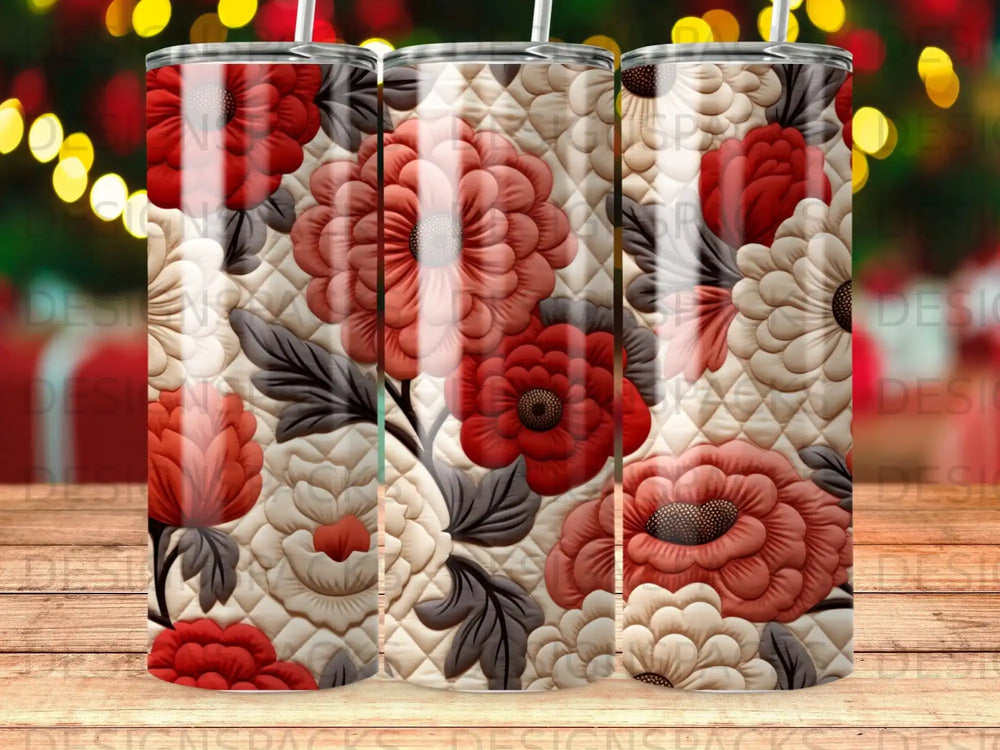 Floral pattern tumbler with red and cream flowers on textured background.