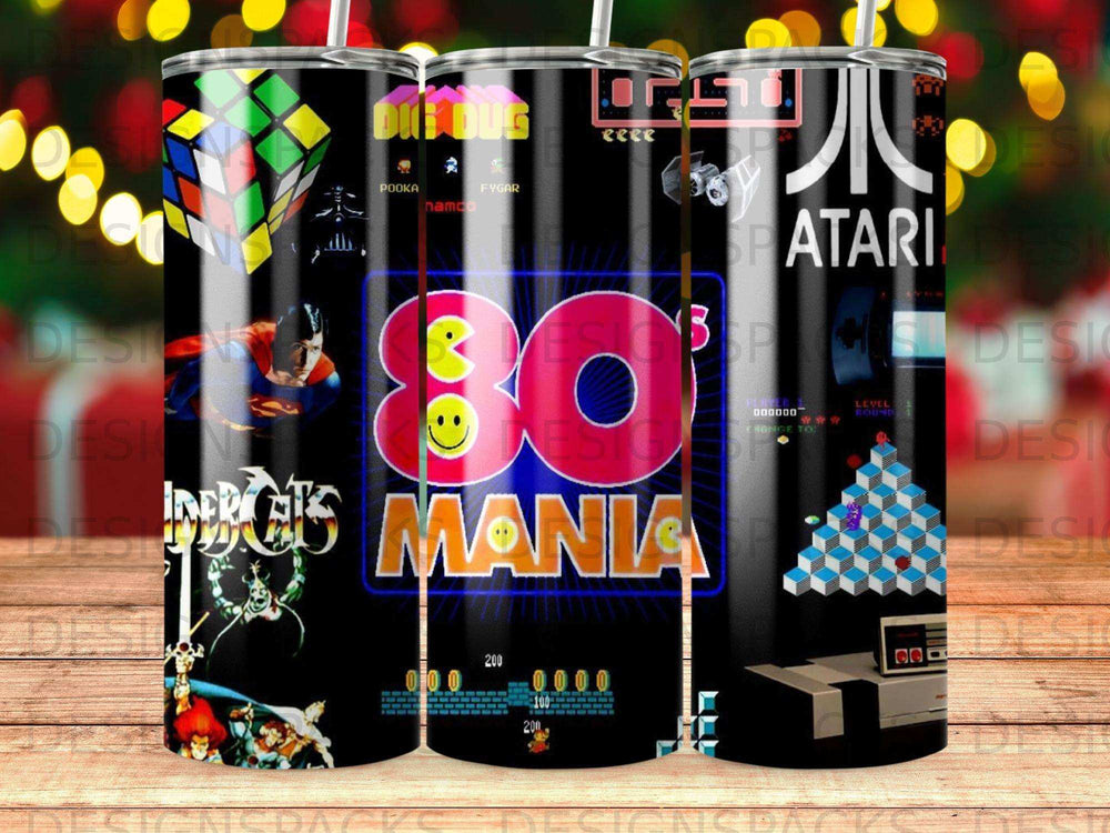 Retro 80s arcade game collage with Pac-Man, Atari, and Rubik's Cube.