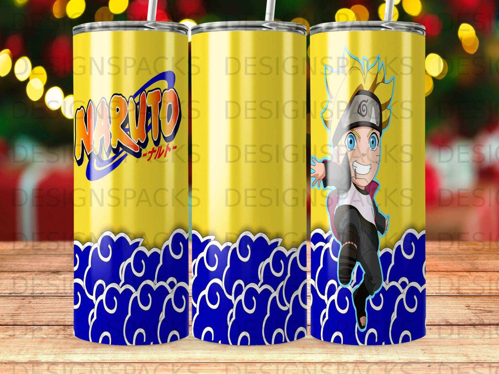 Naruto character on a yellow tumbler with blue cloud pattern.
