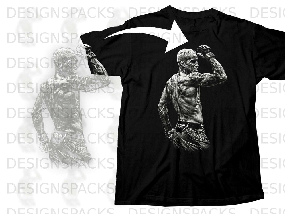 Black t-shirt with graphic of tattooed MMA fighter flexing, text "VENUM" on shorts.