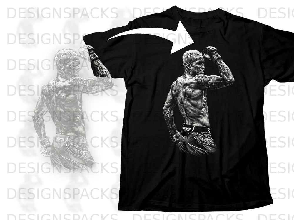 Black t-shirt with graphic of tattooed MMA fighter flexing, text "VENUM" on shorts.