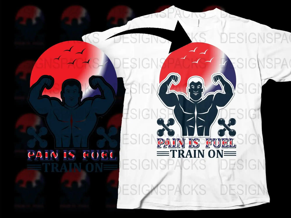 Gorilla Graphic T-Shirt, Pain is Fuel Train On, Fitness Motivation, Gym Workout Tee, Men's White Shirt, Inspirational Apparel