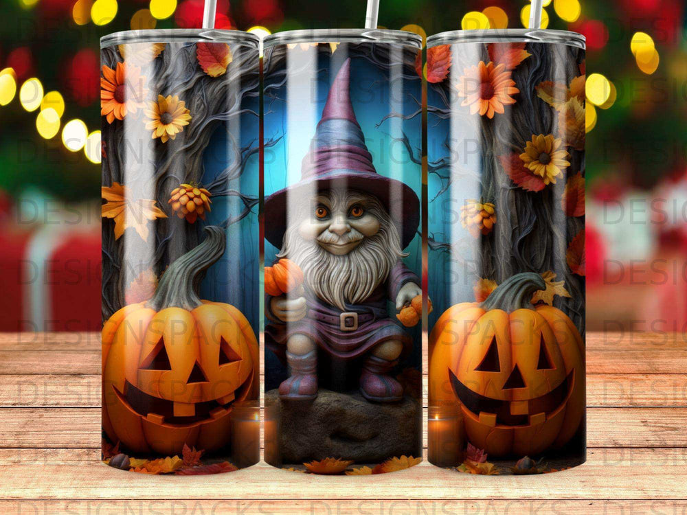 Gnome in witch hat holding pumpkin in forest with jack-o'-lanterns and autumn leaves.