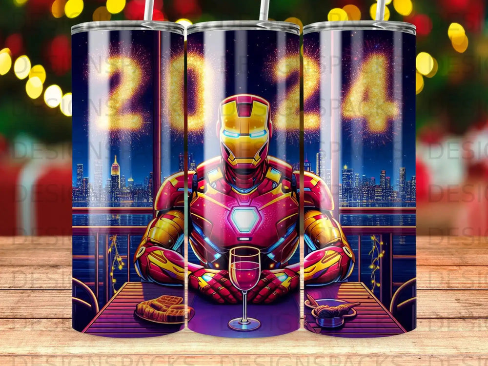 Iron Man sits at a table with food and a drink, with "2024" in fireworks behind him.