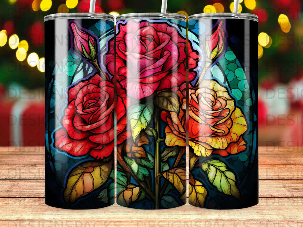 Red and yellow roses in stained glass style on a tumbler.