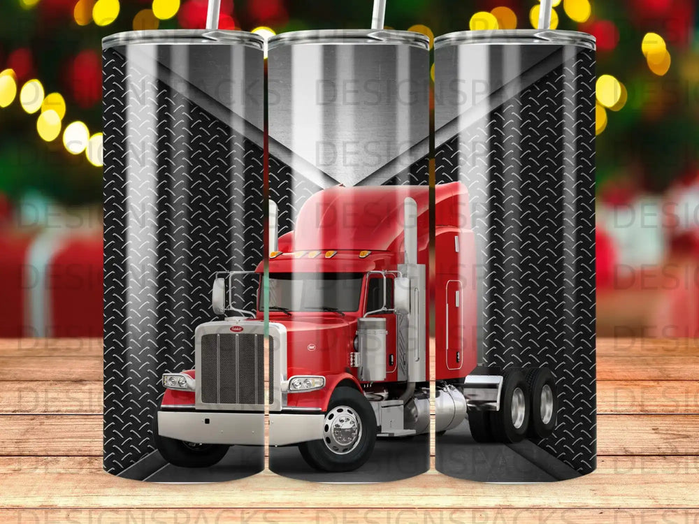 Red semi-truck with diamond plate design on a wooden surface.
