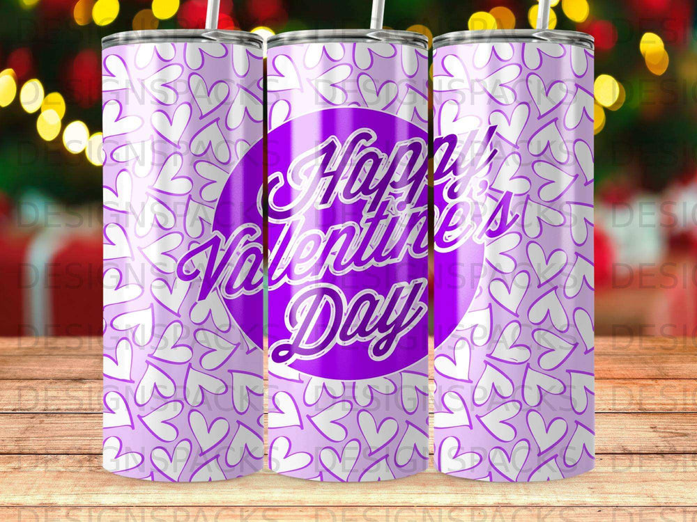 Purple tumbler with "Happy Valentine's Day" text and heart pattern.