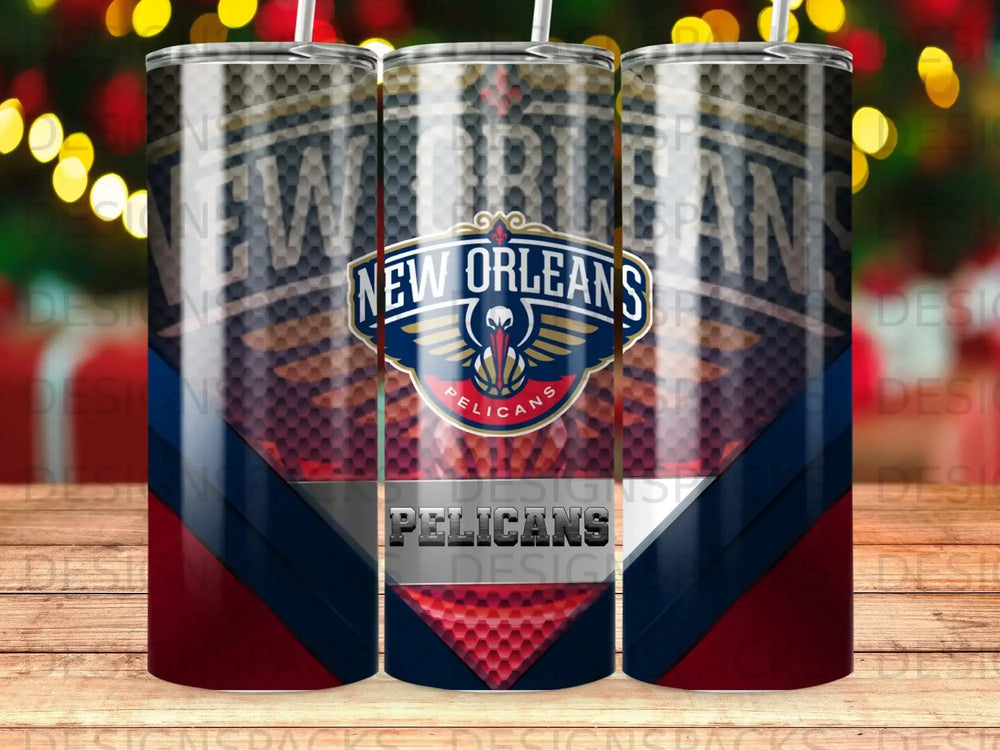 New Orleans Pelicans logo on a tumbler with a basketball texture.