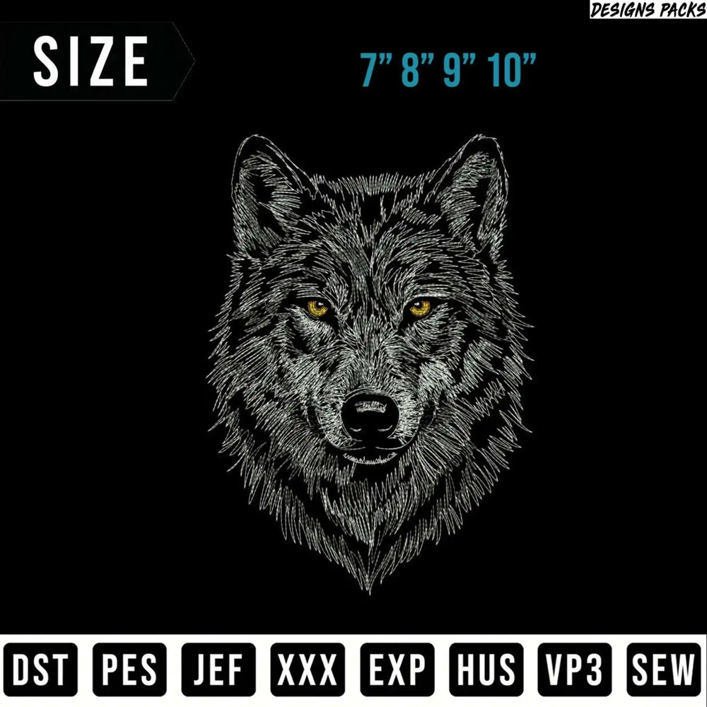 Embroidery design of a wolf head with sizes and file formats listed.