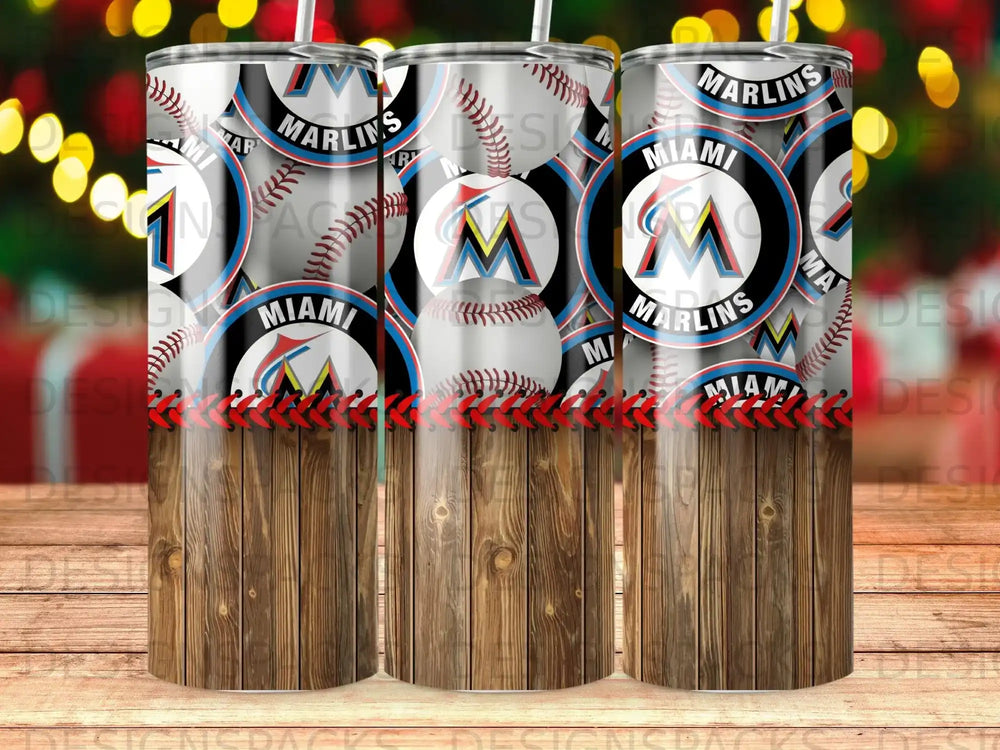 Three tumblers with Miami Marlins logos and a wood grain design.