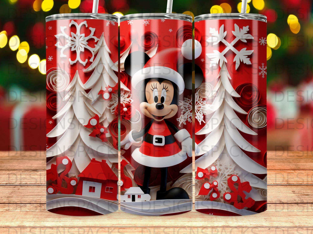 Minnie Mouse in a Santa outfit with winter trees and snowflakes on a red background.