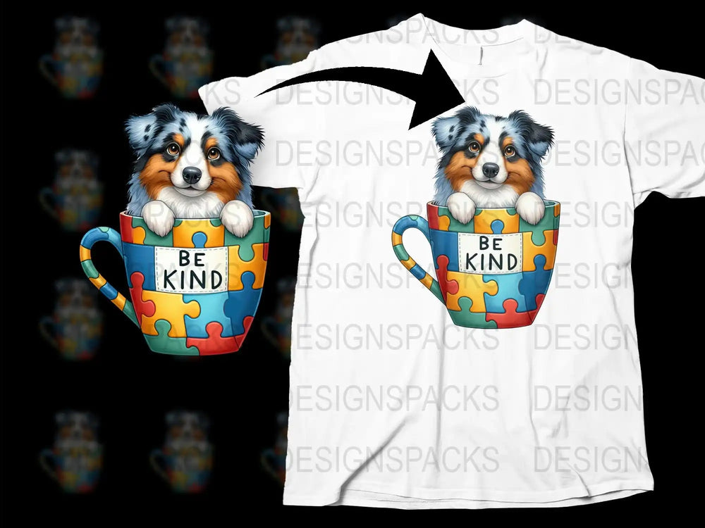 Australian Shepherd Dog Puzzle Mug Graphic T-Shirt, Cute Be Kind Message, Colorful Pet Lover Tee