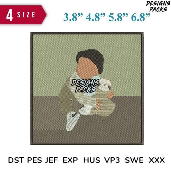 Embroidery design of child hugging teddy bear, available in 4 sizes & multiple formats like DST, PES, JEF