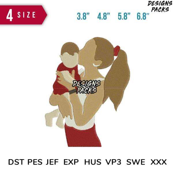 Mother holding baby embroidery design in 4 sizes, PES DST JEF formats for instant download