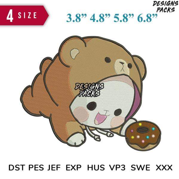 Cute bear holding donut embroidery design in 4 sizes, DST PES JEF formats for instant download