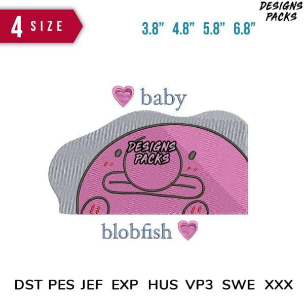 Cute pink blobfish embroidery design with 'baby' text, 4 sizes, DST PES JEF formats for instant download