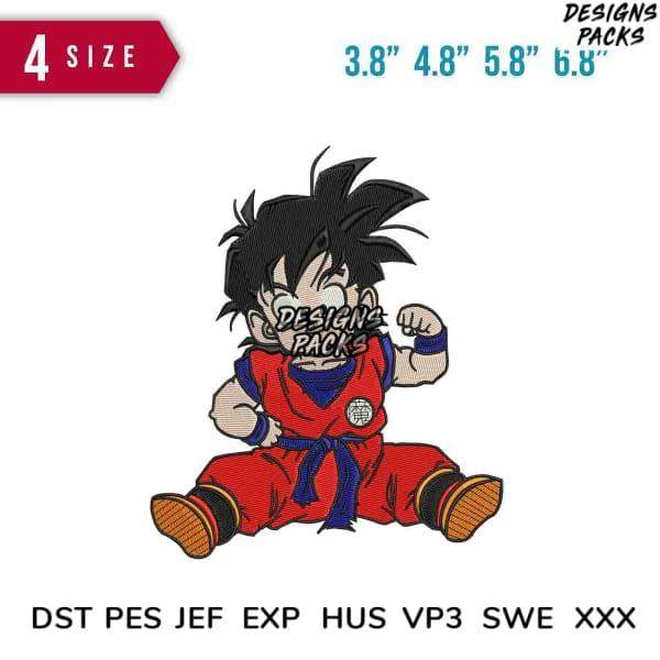 Goku embroidery design in 4 sizes, compatible with DST PES JEF formats for machine embroidery projects.