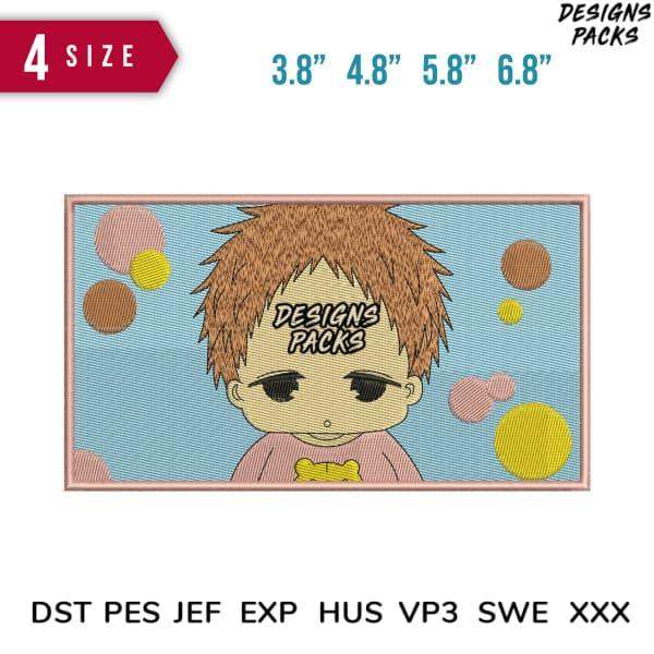 Cute anime boy embroidery design with colorful bubbles, available in 4 sizes and multiple file formats