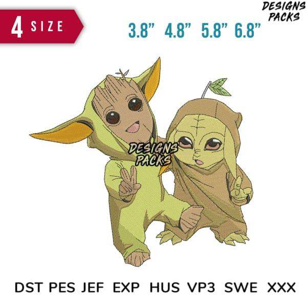 Cute Yoda and Groot embroidery design in 4 sizes, DST PES JEF formats for instant download