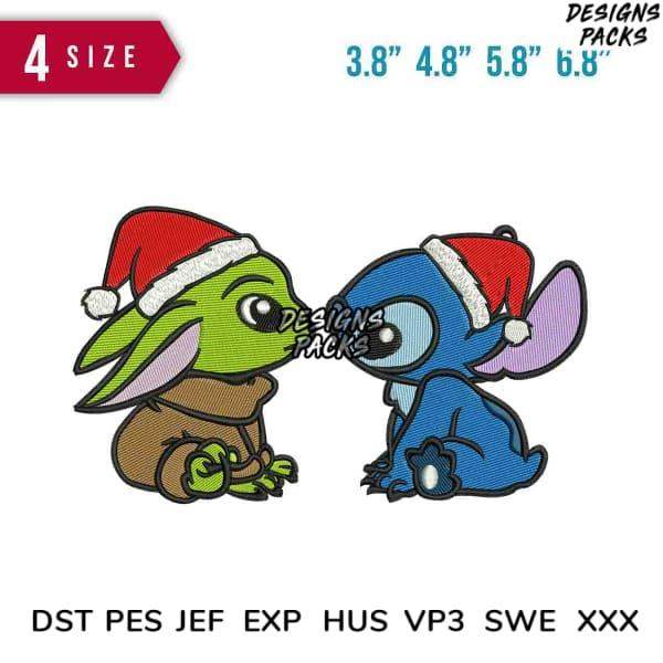 Baby Yoda and Stitch in Santa hats, embroidery design bundle for DTF, DTG, tumbler wraps, instant download
