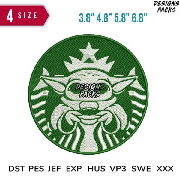 Yoda Starbucks-style embroidery design in 4 sizes, DST PES JEF formats for instant download